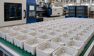 Repeatable injection molding production with consistent white plastic enclosures arranged for growing production volumes.