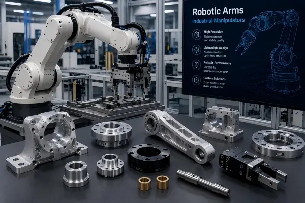 CNC machined robotic arm components including aluminum joints, end-effector parts, mounting flanges, bushings, and precision structural parts for industrial manipulators.
