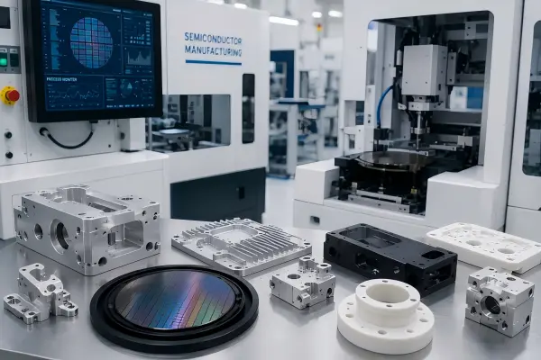 CNC machined semiconductor equipment parts including precision aluminum fixtures, wafer-handling components, mounting plates, engineering-plastic parts, and inspection-ready hardware.