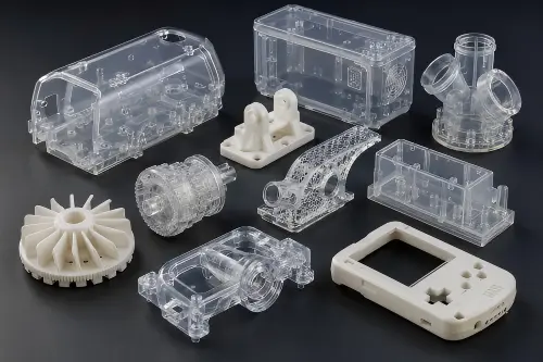 SLA 3D printed custom models and selected low-volume resin parts with transparent housings, white prototypes, smooth surfaces, and fine details.