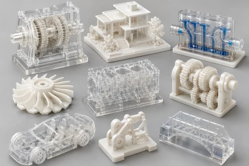 SLA 3D printed education and demonstration models with transparent and white resin structures, mechanical gear models, architectural models, car display models, and fine surface details.