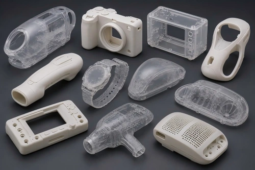 SLA 3D printed industrial design validation models including clear housings, handheld device prototypes, camera shells, interface mockups, and smooth resin parts.