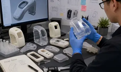 Engineer reviewing SLA 3D printed appearance models with transparent and white resin housings, CAD screen, drawings, and fit-check samples.