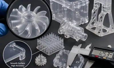 Close-up inspection of SLA 3D printed transparent resin parts showing fine details, smooth surfaces, thin features, and dimensional review.
