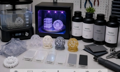 SLA 3D printed resin samples showing transparent, white, gray, and amber material options with washing, UV curing, sanding, painting, and post-processing tools.