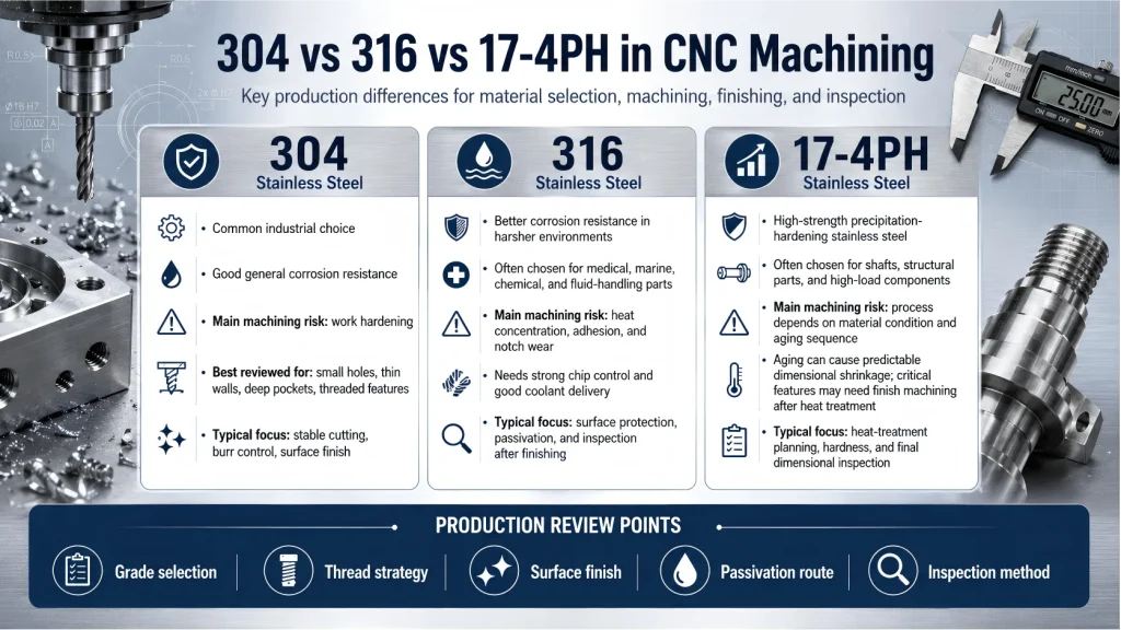 Comparison of 304, 316, and 17-4PH stainless steel CNC machining considerations including corrosion resistance, strength, tooling, finishing, and inspection.