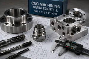 Stainless steel CNC machined components with cutting tools, calipers, and engineering drawings for machining-risk review.