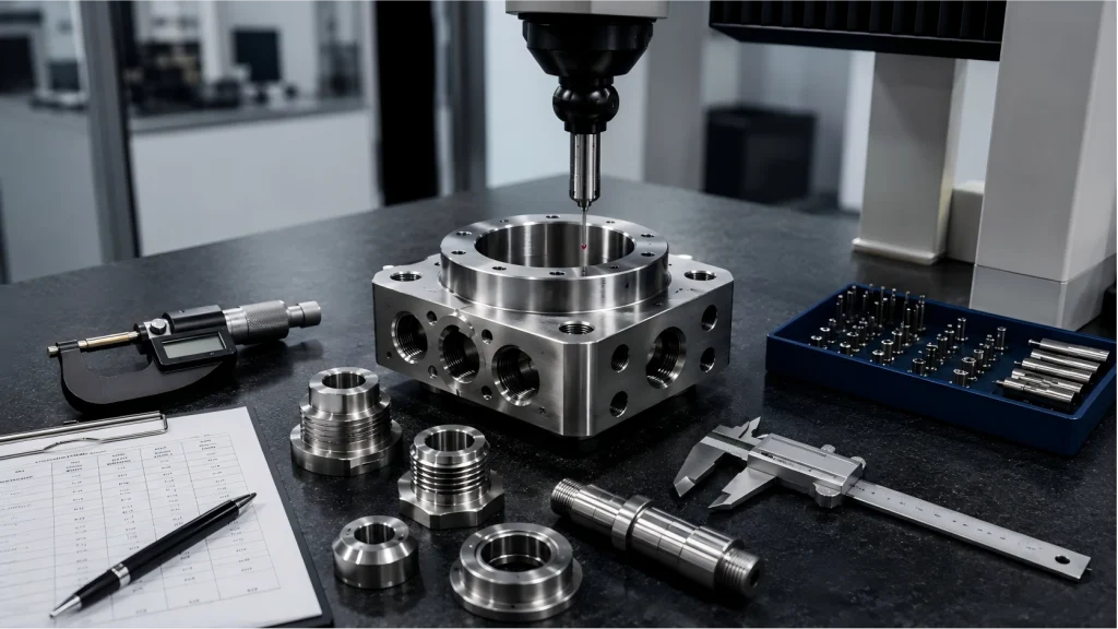 Inspection of stainless steel CNC machined parts for dimensions, threads, surface finish, and delivery quality review.