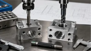 CNC machined metal parts with tapped and thread-milled holes, threading tools, gauges, and engineering drawings for process review.