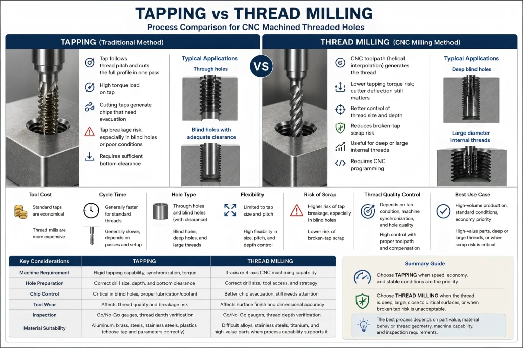Comparison of tapping and thread milling for blind holes, threaded holes, tool access, and CNC threading process selection.