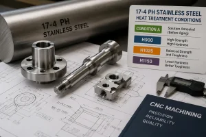 17-4 PH stainless steel CNC machined parts with heat treatment condition notes, engineering drawing, and caliper for machining review.