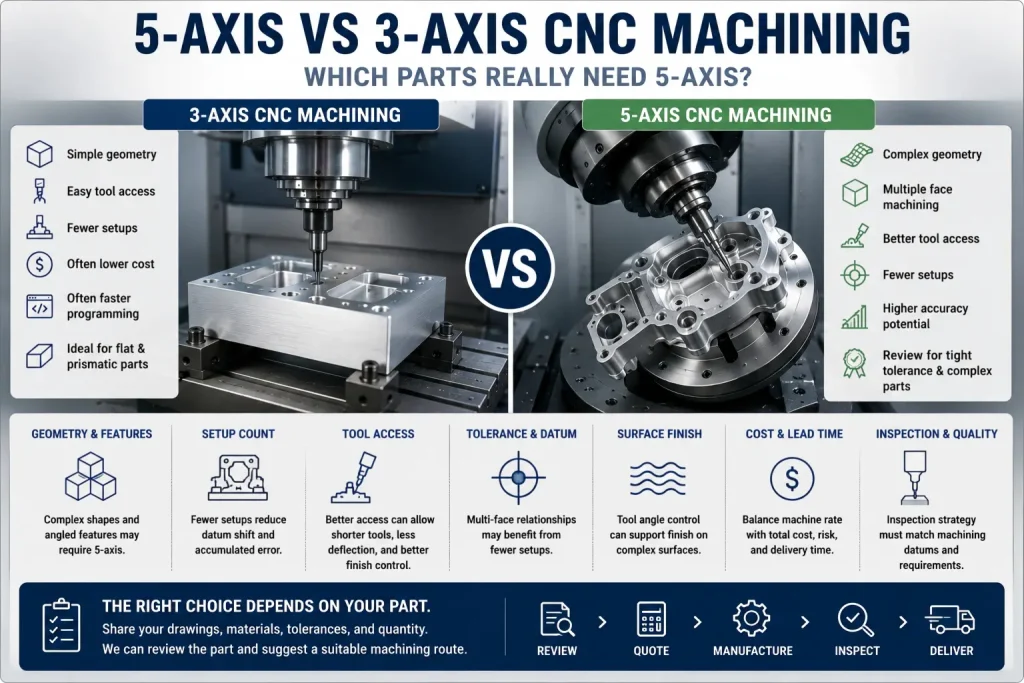 5-axis vs 3-axis CNC machining comparison showing a simple 3-axis milled block, complex 5-axis machined housing, angled holes, multi-face features, tool access, setup count, datum control, surface finish, cost review, lead time, and inspection strategy.