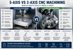 5-axis vs 3-axis CNC machining comparison showing a simple 3-axis milled block, complex 5-axis machined housing, angled holes, multi-face features, tool access, setup count, datum control, surface finish, cost review, lead time, and inspection strategy.