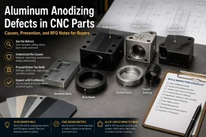 Aluminum anodizing defects review for CNC machined parts with color variation, pitting, stains, burn marks, rack marks, sealing issues, thread build-up, and RFQ inspection checklist.
