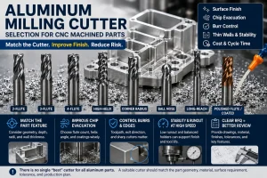 Aluminum milling cutter selection for CNC machined parts showing 2-flute, 3-flute, 4-flute, high-helix, corner-radius, ball nose, long-reach, polished flute and coated cutters with aluminum chips, coolant, surface finish, chip evacuation, burr control, thin-wall stability, runout, and RFQ review notes.