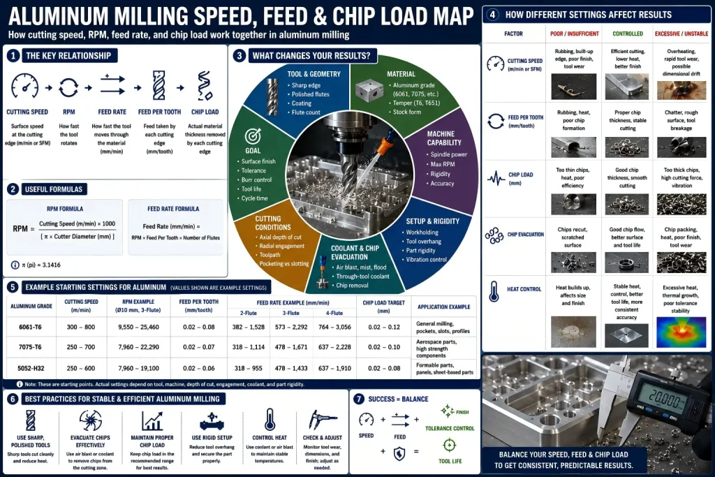 Aluminum milling speed, feed, and chip load map showing cutting speed, spindle RPM, feed rate, feed per tooth, chip load, cutter diameter, flute count, chip evacuation, tool holder balance, corner engagement, heat control, example starting settings, and inspection result differences.