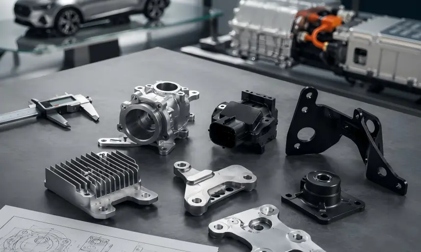Manufacturing support for automotive components with motor housings, sensor housings, brackets, mounting plates, adapter parts, thermal-management parts, and precision-machined automotive components.