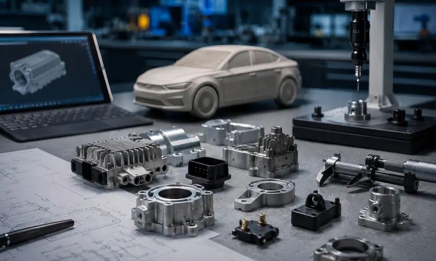 Automotive component manufacturing services with motor housings, thermal-management components, sensor housings, brackets, adapter parts, mounting components, and precision-machined automotive parts.