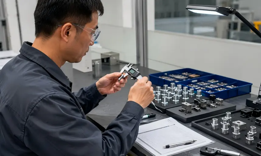Automotive low-volume and repeat production support with an Asian engineer inspecting small precision-machined parts, sensor housings, bushings, sleeves, fixtures, connectors, and batch inspection components.
