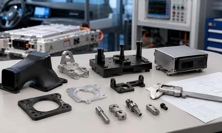 Automotive prototype and test components including prototype ducts, sensor brackets, inspection fixtures, adapter plates, mounting components, vehicle-electronics enclosures, and small functional test parts.