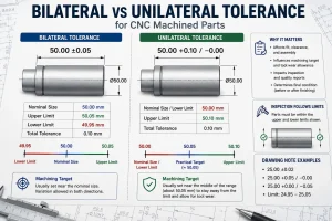 Engineering drawing comparison of bilateral and unilateral tolerance for CNC machined parts showing nominal size, upper limit, lower limit, practical machining target, inspection limits, and drawing note examples.