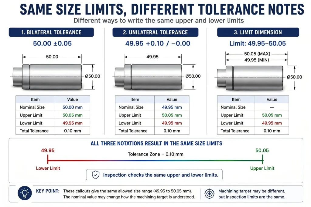 Bilateral, unilateral, and limit dimension tolerance comparison chart showing different drawing notes with the same upper limit, lower limit, total tolerance zone, 标称尺寸, machining target interpretation, 和检验限度.