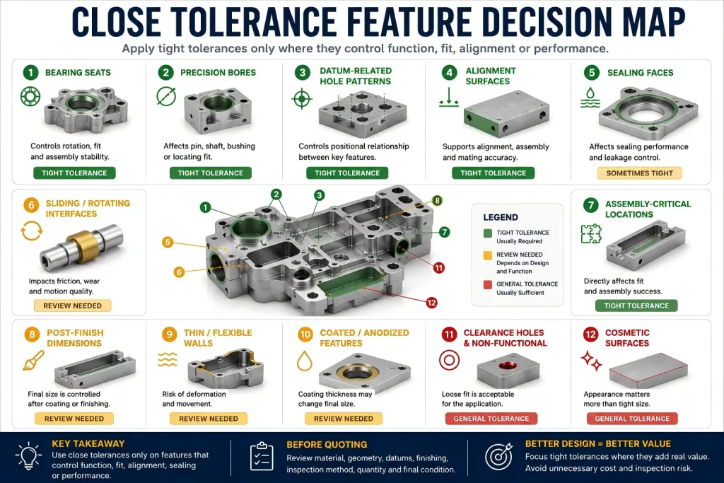 Close tolerance feature decision map showing bearing seats, 精密孔, datum-related hole patterns, alignment surfaces, 密封面, sliding and rotating interfaces, assembly-critical locations, 加工后尺寸, thin flexible walls, coated anodized features, clearance holes, 装饰表面, and inspection priority.