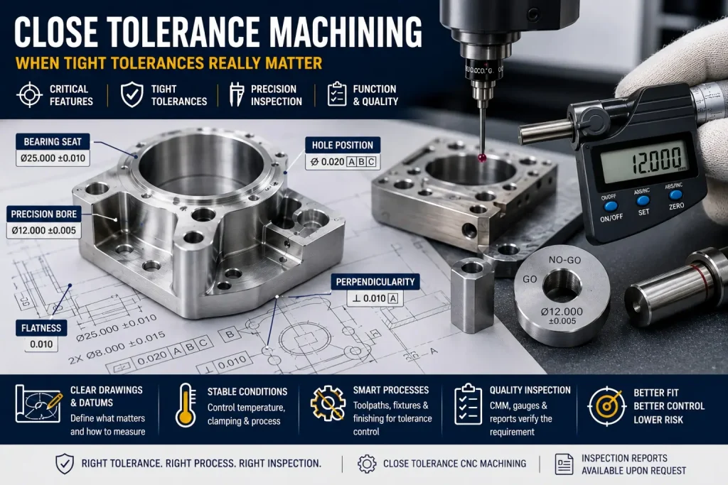 Close tolerance machining for CNC precision parts showing bearing seat tolerance, precision bore tolerance, hole position GD&时间, 垂直度, 平整度, 基准参考, 三坐标检测, digital micrometer measurement, GO/NO-GO gauge, 工程制图, and functional feature control.