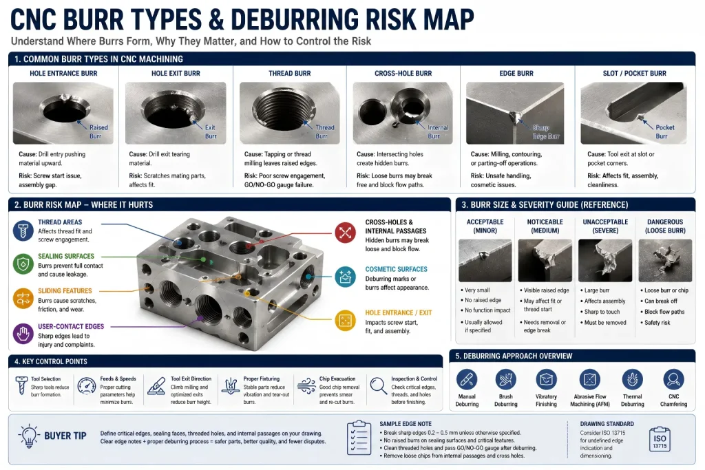 CNC burr types and deburring risk map showing hole entrance burrs, hole exit burrs, thread burrs, cross-hole burrs, edge burrs, slot burrs, sealing surface risks, and deburring methods.