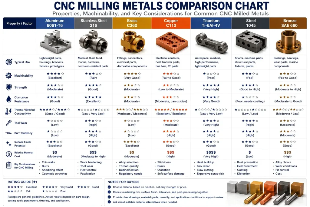 CNC milling metals comparison chart showing aluminum 6061-T6, stainless steel 316, brass C360, copper C110, titanium Ti-6Al-4V, steel 1045, bronze SAE 660, machinability, strength, corrosion resistance, conductivity, tool wear, burr tendency, surface finish, material cost, and CNC milling considerations.
