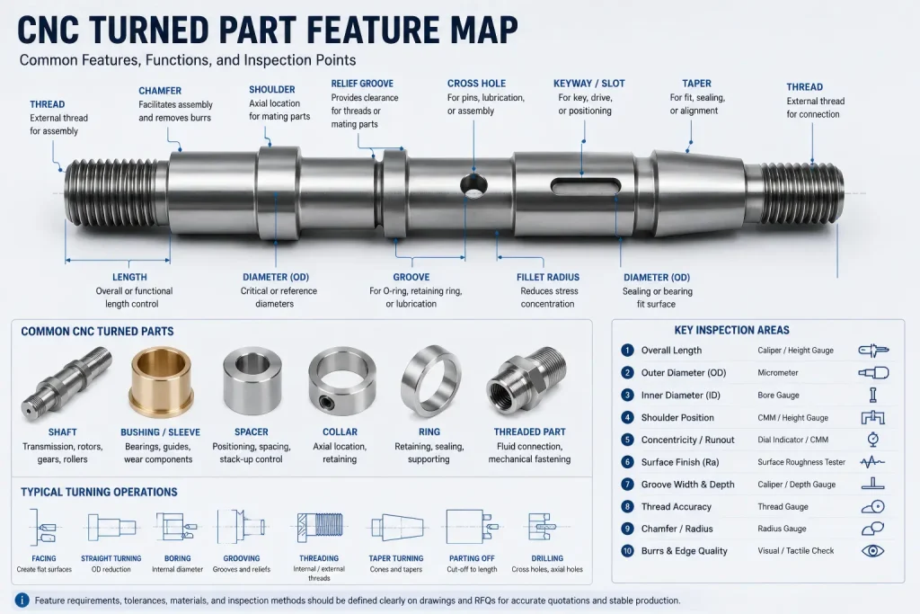 CNC turned part feature map showing shafts, shoulders, bores, 凹槽, 线程, 倒角, 法兰, cross holes, keyways, taper features, and tolerance-critical inspection areas.