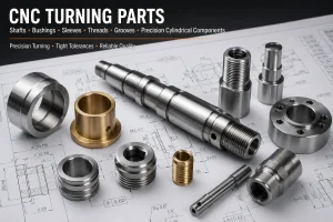 CNC turning parts including shafts, 衬套, 袖子, threaded components, 法兰, 凹槽, and precision cylindrical features on an engineering drawing.