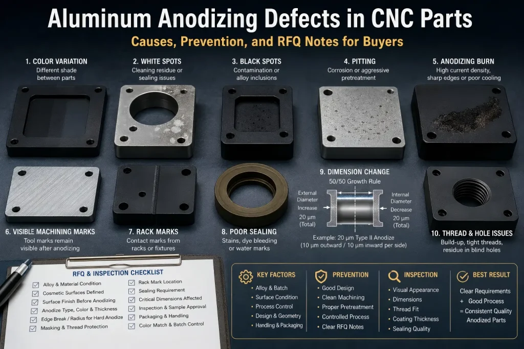 Common aluminum anodizing defects map showing color variation, white spots, black spots, pitting, anodizing burn, rack marks, poor sealing, dimension change, and thread issues on CNC aluminum parts.