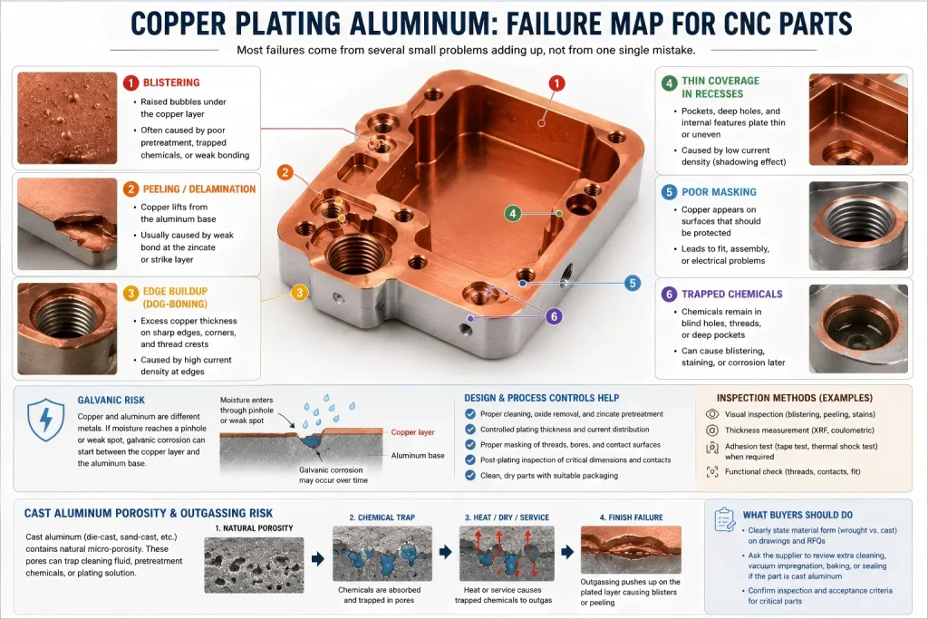 Copper plating aluminum failure map for CNC machined parts showing blistering, 脱皮, edge buildup, thin coverage in recesses, poor masking, trapped chemicals, galvanic risk, cast aluminum porosity, outgassing, and inspection methods.