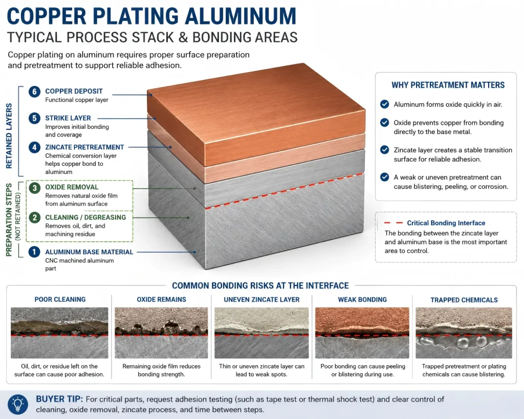 Copper plating aluminum process stack diagram showing aluminum base material, cleaning and oxide removal steps, zincate pretreatment, strike layer, copper deposit, critical bonding interface, adhesion risks, trapped chemicals, and blistering risk areas.