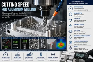 Cutting speed for aluminum milling showing CNC end mill cutting an aluminum part with coolant, aluminum chips, spindle RPM, feed rate, feed per tooth, chip load, sharp tool, burr risk, heat control, tool holder stability, example settings, and caliper inspection.