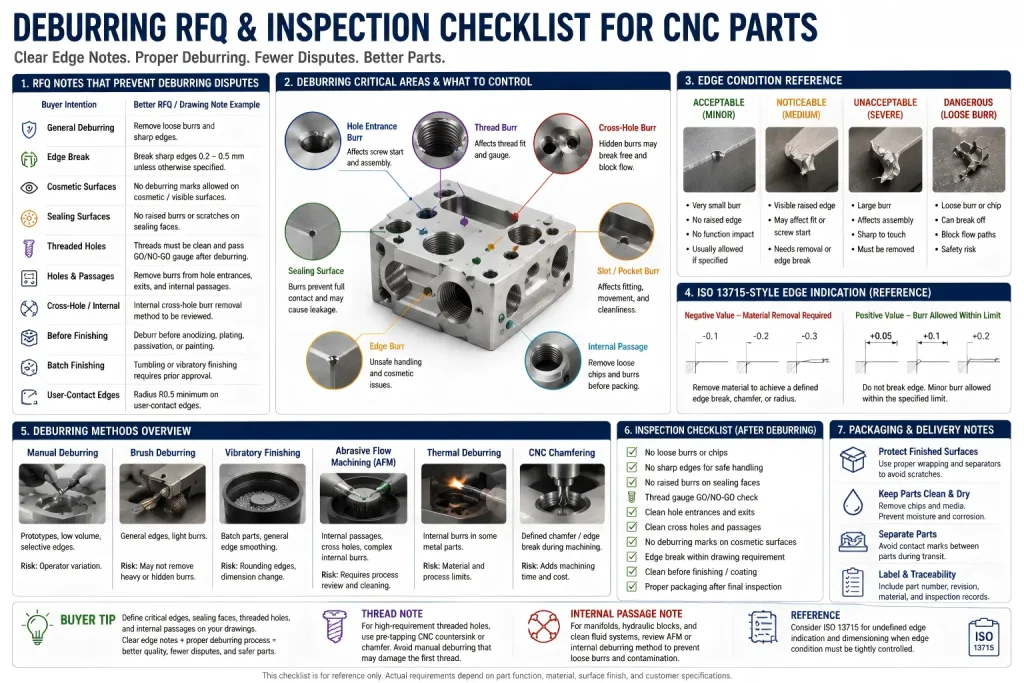Deburring RFQ and inspection checklist for CNC parts with edge break notes, burr limits, cosmetic surfaces, sealing faces, threaded holes, cross-hole burr risks, ISO 13715 edge indication, and packaging requirements.