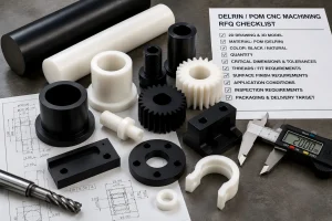 Delrin CNC machining for custom POM plastic parts showing black and natural acetal stock, machined bushings, gears, rollers, sleeves, threaded parts, sharp tooling, caliper inspection, engineering drawing, and RFQ checklist for machining review.