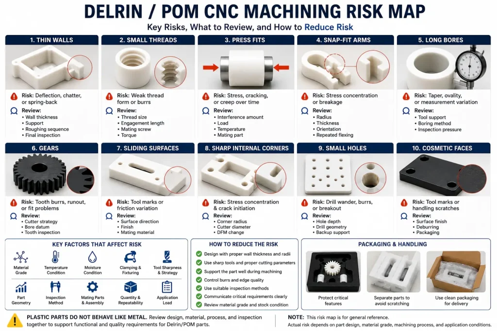 Delrin CNC machining risk map showing thin walls, small threads, press fits, snap-fit arms, long bores, gears, sliding surfaces, sharp internal corners, small holes, cosmetic faces, burr control, stress concentration, inspection method, material grade, and packaging protection.