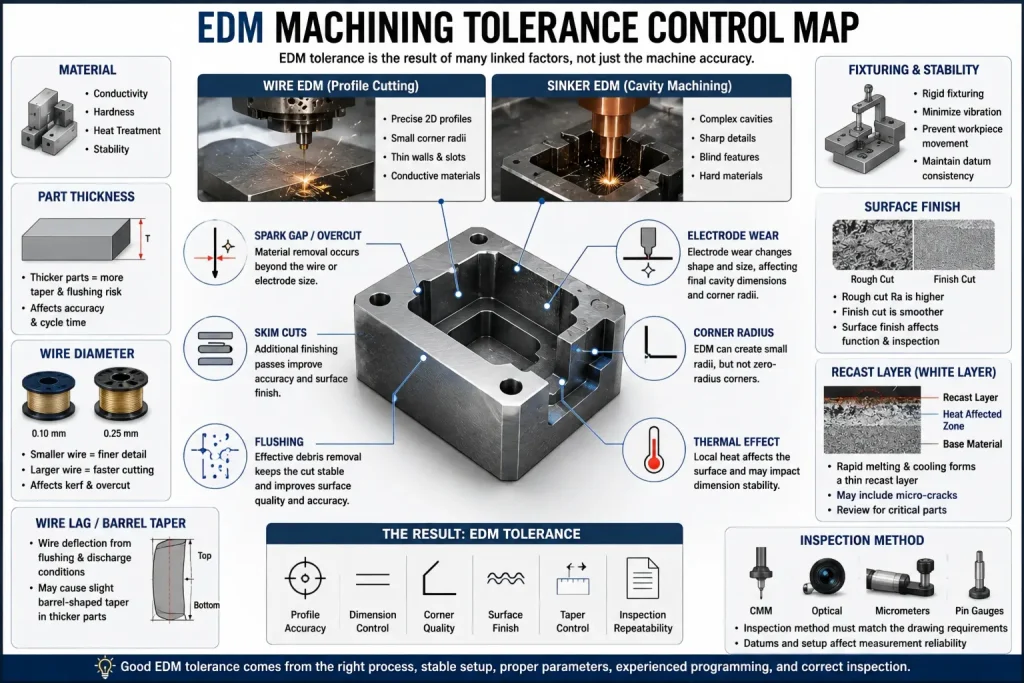 EDM machining tolerance control map showing material conductivity, part thickness, wire diameter, spark gap, skim cuts, flushing, wire lag, barrel taper, electrode wear, corner radius, recast layer, fixture stability, surface finish, and inspection method.