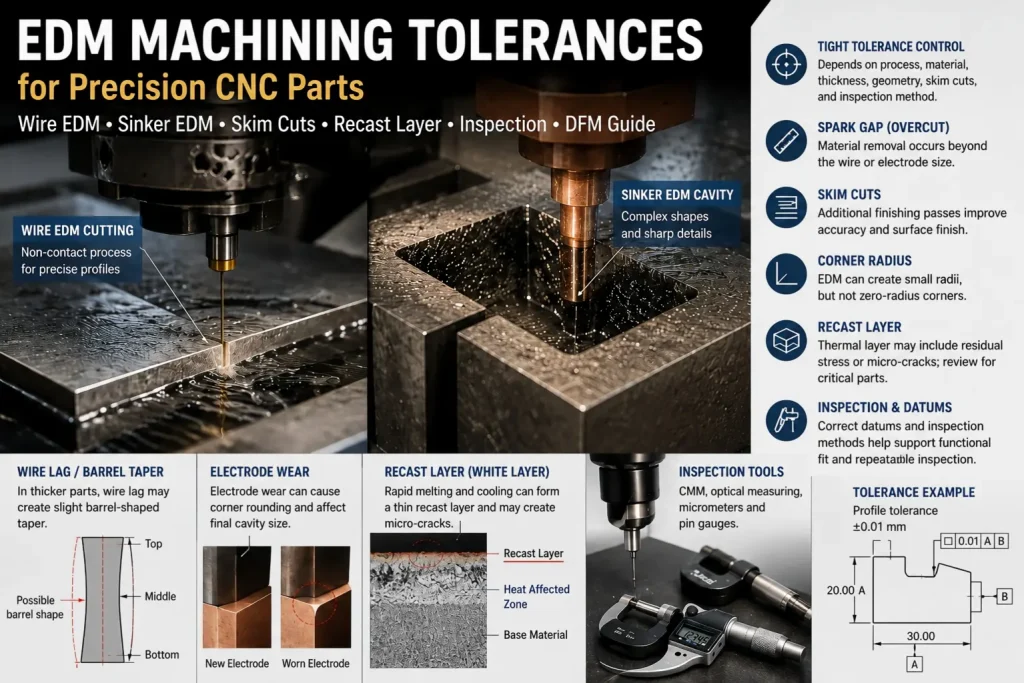 EDM machining tolerances for precision CNC parts showing wire EDM cutting, sinker EDM cavities, skim cuts, spark gap, corner radius, recast layer, wire lag, barrel taper, electrode wear, inspection tools, datum callouts, and profile tolerance examples.