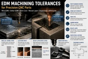 EDM machining tolerances for precision CNC parts showing wire EDM cutting, sinker EDM cavities, skim cuts, spark gap, corner radius, recast layer, wire lag, barrel taper, electrode wear, inspection tools, datum callouts, and profile tolerance examples.