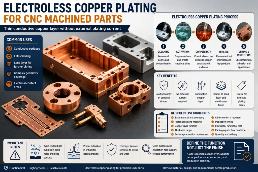 Electroless copper plating for CNC machined parts showing thin conductive copper coating, cleaning, activation, copper bath deposition, rinsing, drying, adhesion inspection, masking areas, trapped gas bubble risk, seed layer use, EMI shielding, electrical contact areas, and RFQ checklist notes.