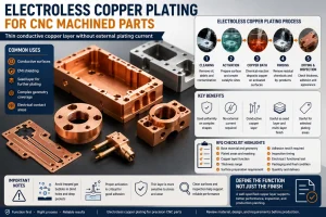 Electroless copper plating for CNC machined parts showing thin conductive copper coating, cleaning, activation, copper bath deposition, rinsing, drying, adhesion inspection, masking areas, trapped gas bubble risk, seed layer use, EMI shielding, electrical contact areas, and RFQ checklist notes.