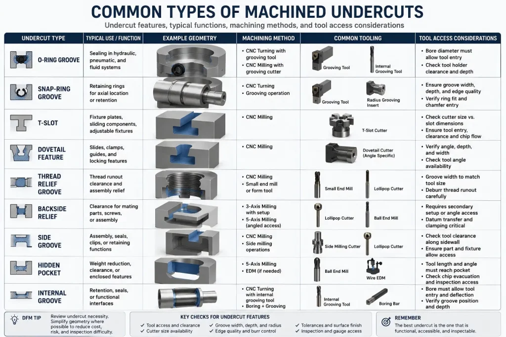 Machined undercut types chart showing O-ring grooves, snap-ring grooves, T-slots, dovetail features, thread relief grooves, backside reliefs, side grooves, hidden pockets, internal grooves, common tooling, machining methods, and tool access considerations.