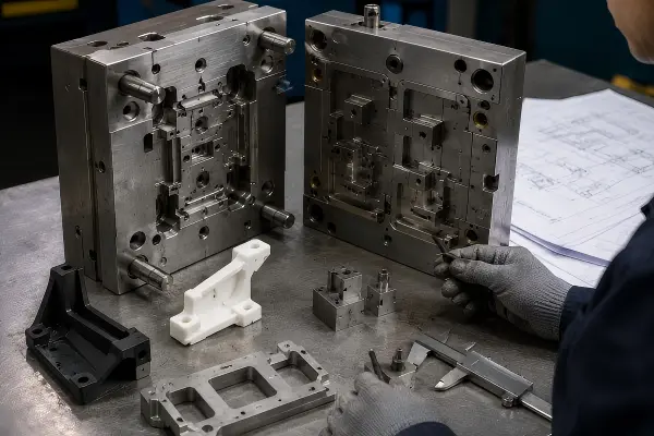 Metal mold and tooling review scene showing precision mold components inspected on a workbench before molding or die casting production.