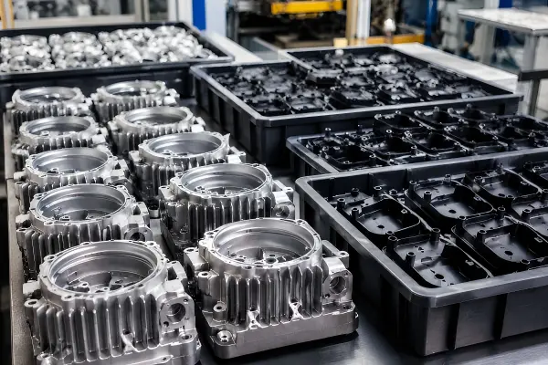 Production line scene for molding and casting components, showing coordinated manufacturing support for molded or die-cast parts.