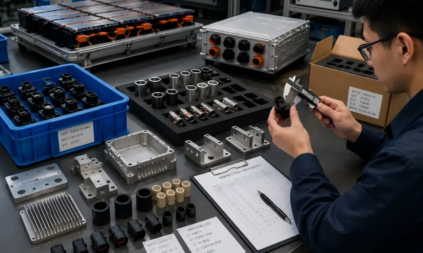 New energy low-volume and repeat production support with an Asian engineer inspecting sensor housings, bushings, sleeves, connectors, adapter plates, mounting brackets, cooling-related parts, batch inspection, and packaging preparation.