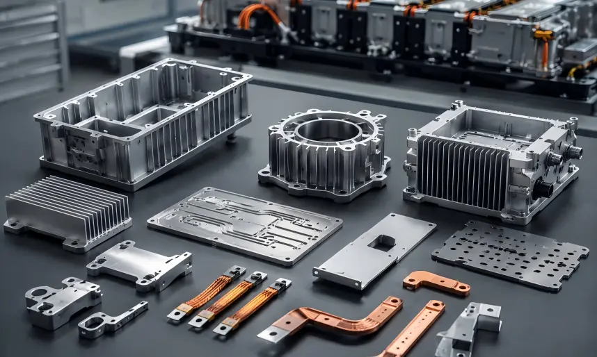 Energy storage and EV components including energy-storage housings, EV motor housings, inverter housings, battery-pack brackets, cooling plates, heat sinks, copper busbars, mounting plates, and adapter parts.
