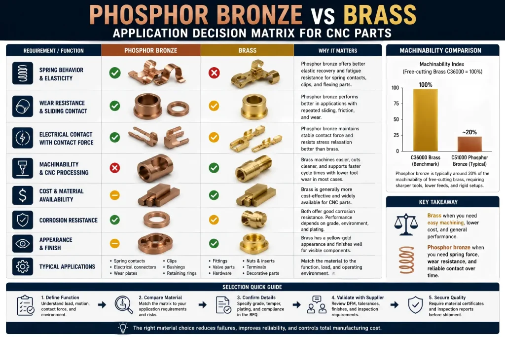 Phosphor bronze and brass application decision matrix for CNC parts comparing spring behavior, wear resistance, electrical contact reliability, machinability, cost, corrosion resistance, appearance, and typical applications.